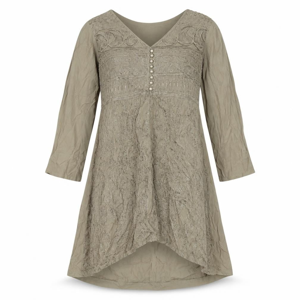Front view of SJ collection women’s brown polyester a-line, size S, v-neck