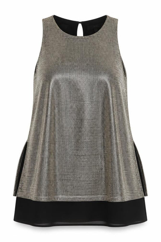 Front view of Next women’s gold geometric polyester basic tank, size UK 14, round neck