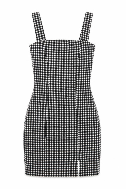 Front view of Divided women’s black check polyester mini, size XS, square neck pullover
