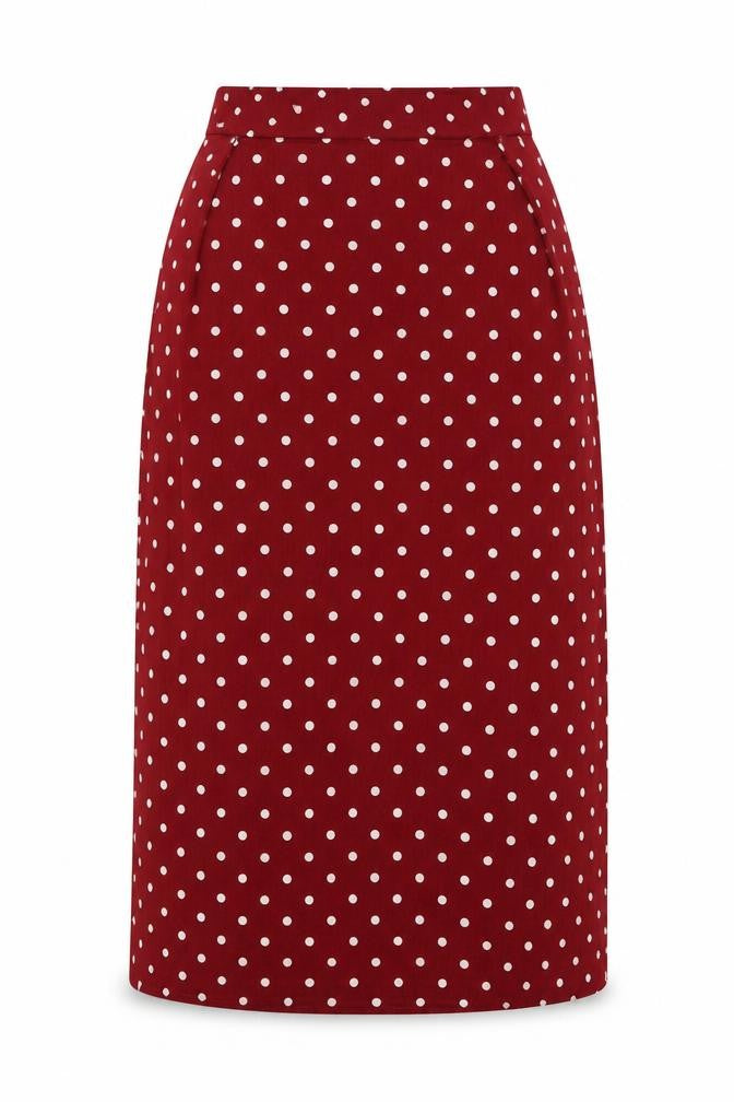 Front view of Xin Yan women’s red polka dot polyester a-line skirt, size M, zip