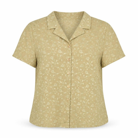 Front view of Design Essentials women’s gold floral polyester basic button-up, size UK 12, collared