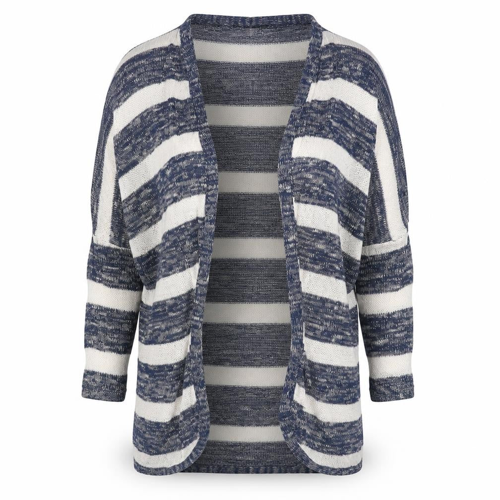 Front view of Atmosphere women’s blue v-neck striped polyester cardigan jumper, size XS