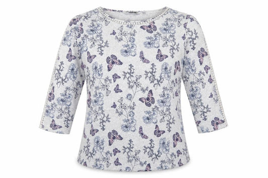Front view of Isle Collection women’s grey geometric polyester basic t-shirt, size S, round neck - butterfly print