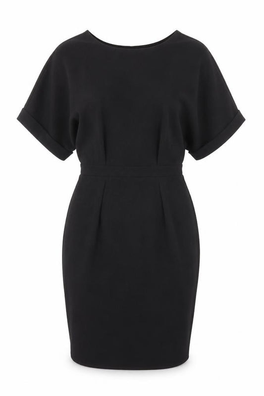Front view of ASOS women’s black polyester pencil dress, size UK 8, scoop neck zip