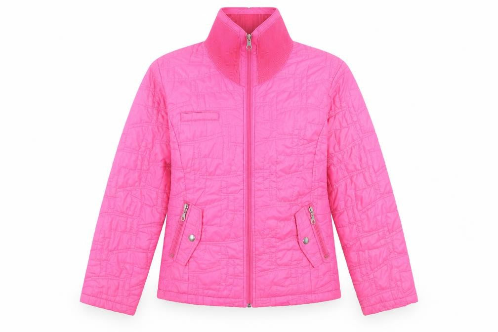 Front view of Long Island women’s pink quilted jacket, size S, zip