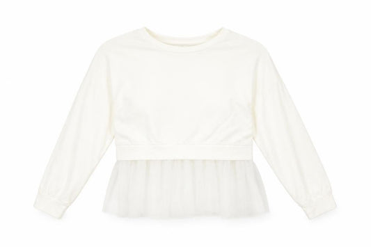 Front view of women’s white polyester pullover sweatshirt, size M, pullover - tulle hem