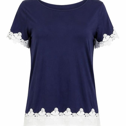 Dorothy Perkins Womens Blue Viscose Basic T-Shirt Size 12 Boat Neck - Crochet Trim