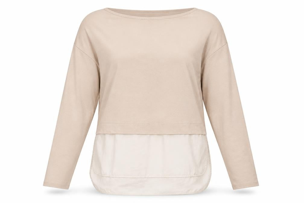 Front view of Zara women’s beige cotton basic blouse, size S, boat neck