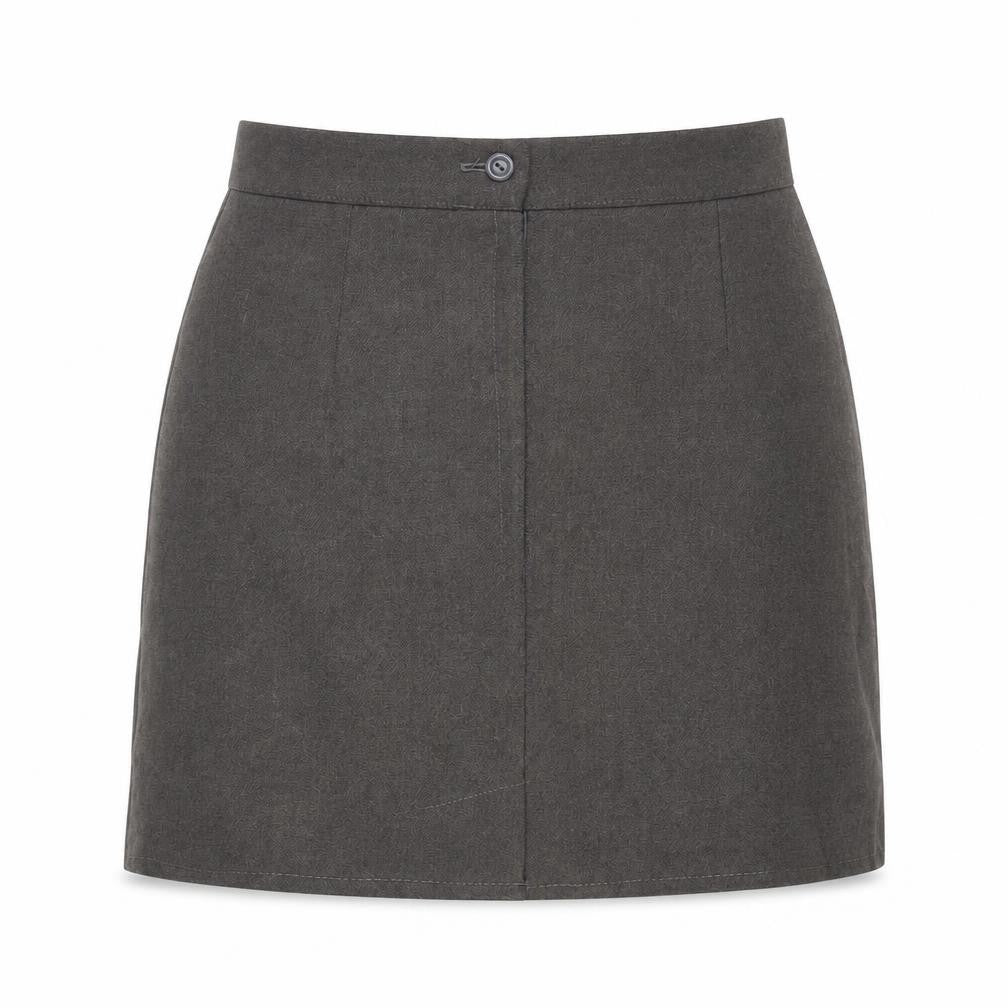 Front view of Preworn women’s grey polyester mini skirt, size UK 26, zip
