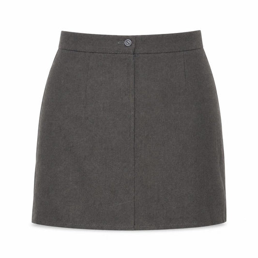 Front view of Preworn women’s grey polyester mini skirt, size UK 26, zip