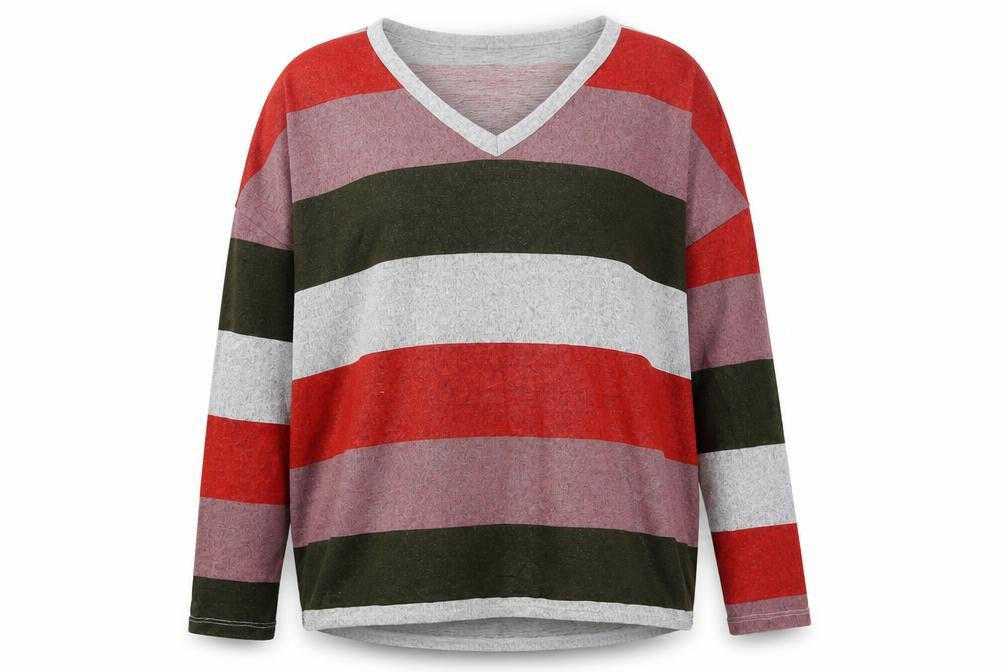 Front view of JDY women’s multicoloured v-neck striped polyester jumper, size S