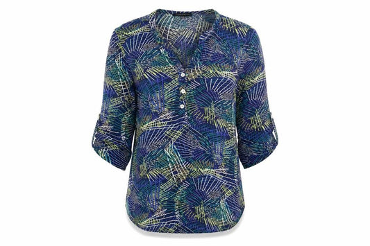 Front view of CodeCodeCode women’s blue geometric viscose basic blouse, size L, v-neck
