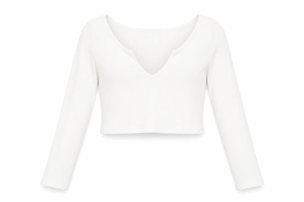 Front view of PRETTYLITTLETHING women’s white polyester cropped blouse, size UK 8, v-neck - ribbed