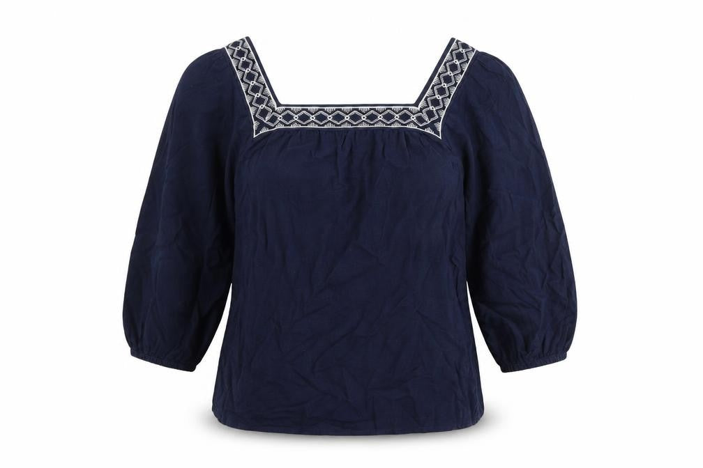 Front view of Marks & Spencer women’s blue geometric flax basic t-shirt, size UK 6, square neck