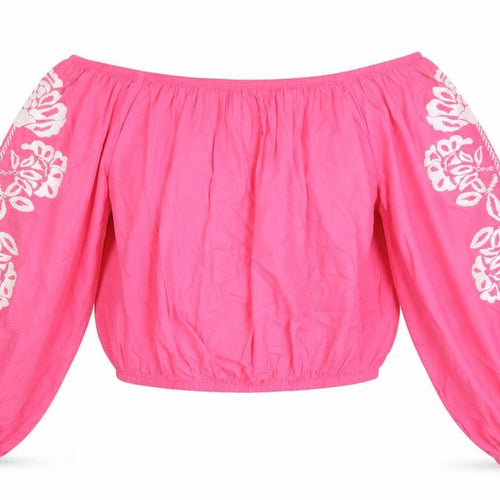 Marks and Spencer Womens Pink 100% Cotton Cropped Blouse Size 16 Boat Neck - Floral Detail