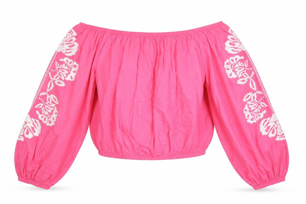 Marks and Spencer Womens Pink 100% Cotton Cropped Blouse Size 16 Boat Neck - Floral Detail