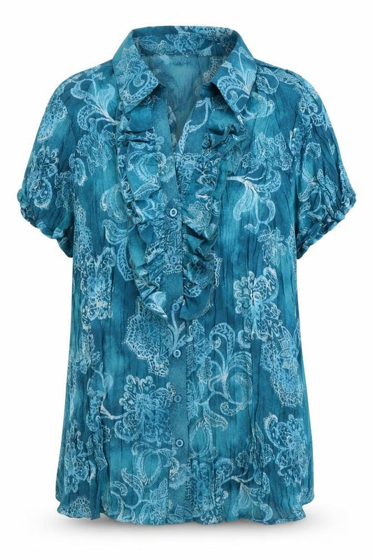 Front view of BHS women’s blue floral polyester basic button-up, size UK 18, collared