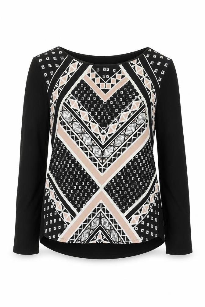 Front view of Oasis women’s black geometric viscose basic t-shirt, size M, round neck