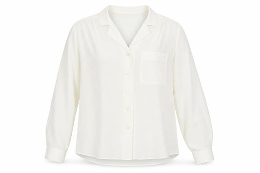 Front view of Preworn women’s white polyester basic button-up, size UK 14, v-neck