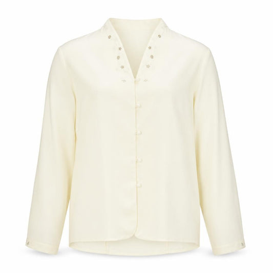 Front view of Jumper women’s yellow polyester basic button-up, size L, v-neck