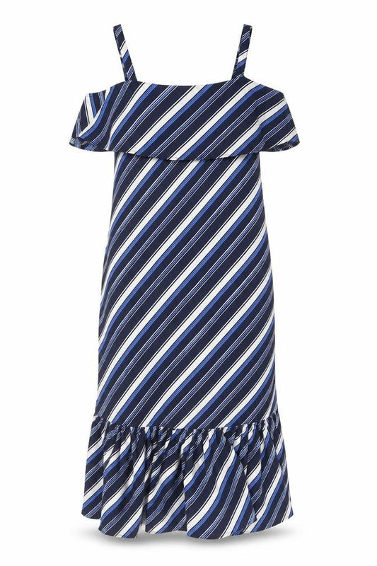 Front view of Marks & Spencer women’s blue striped polyester mermaid, size UK 12, off the shoulder zip