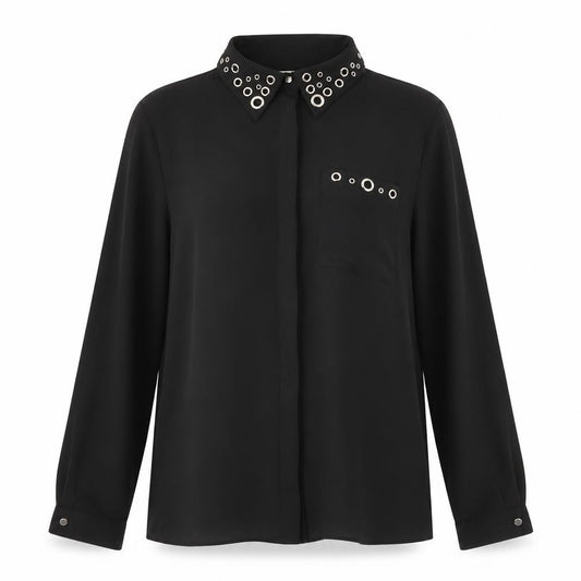 Front view of Tu women’s black polyester basic button-up, size UK 8, v-neck