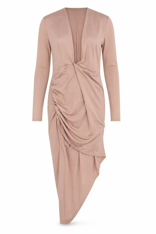 Front view of Missguided women’s beige polyester bodycon, size UK 12, v-neck pullover