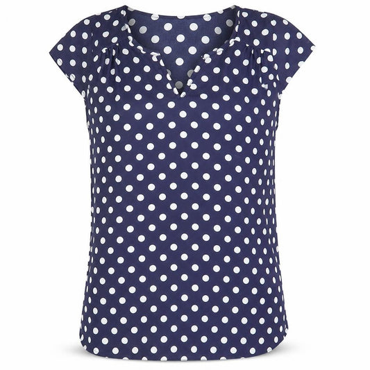 Front view of Atmosphere women’s blue polka dot polyester basic blouse, size UK 12, v-neck