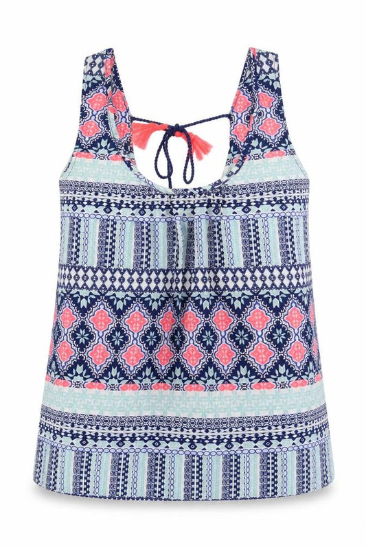 Front view of Preworn women’s blue geometric polyester basic blouse, size S, round neck