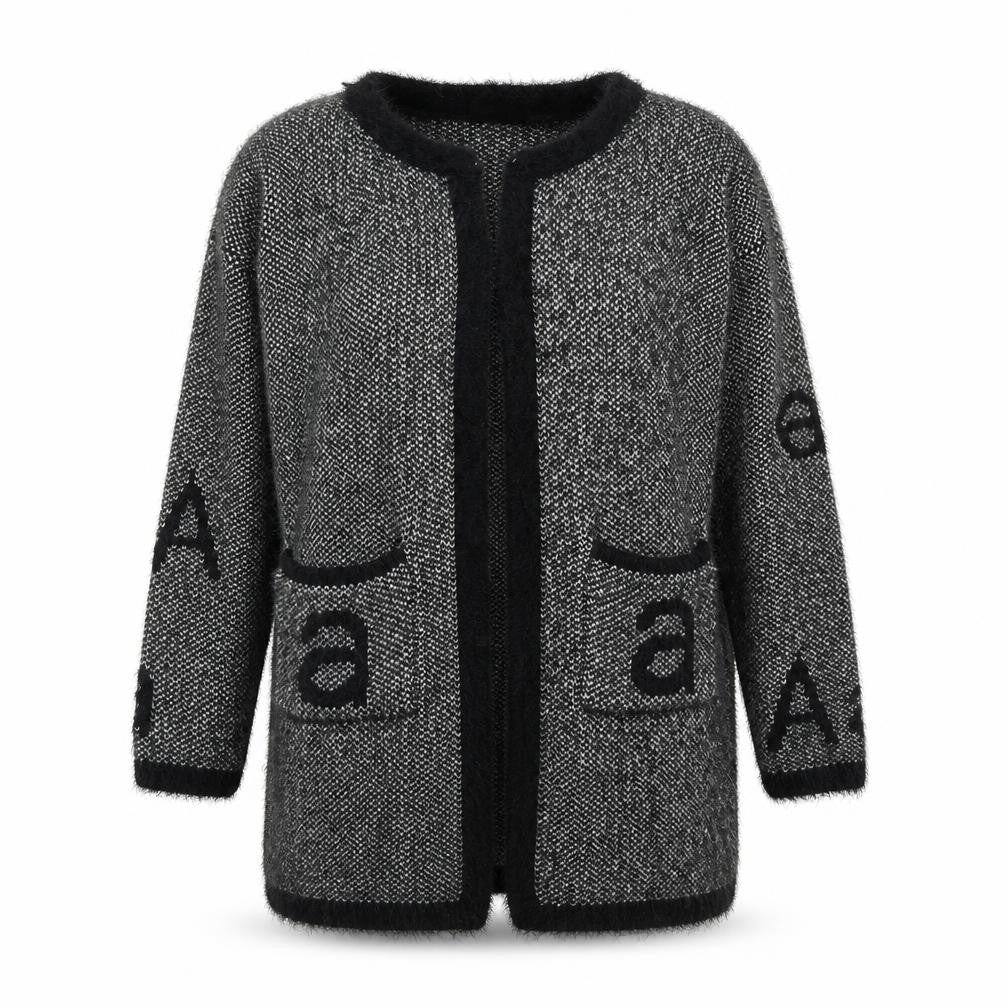 Front view of Dream Look women’s black v-neck geometric polyester cardigan jumper, size S