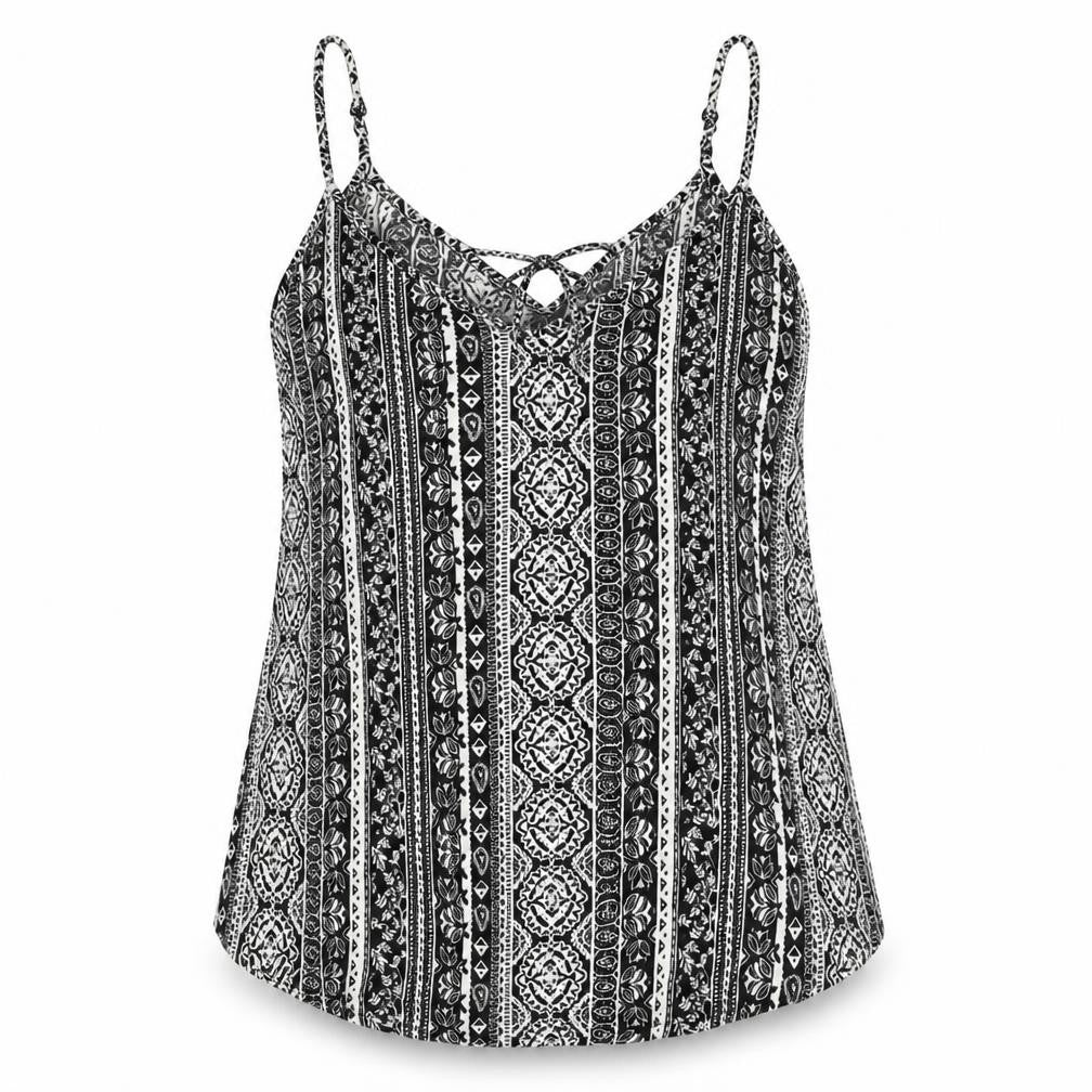 Front view of H&M women’s black geometric viscose basic tank, size UK 14, round neck