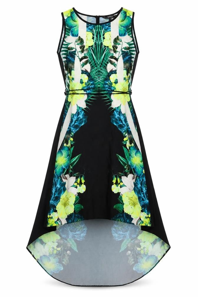 Front view of Julien Macdonald women’s multicoloured floral polyester a-line, size UK 8, boat neck pullover