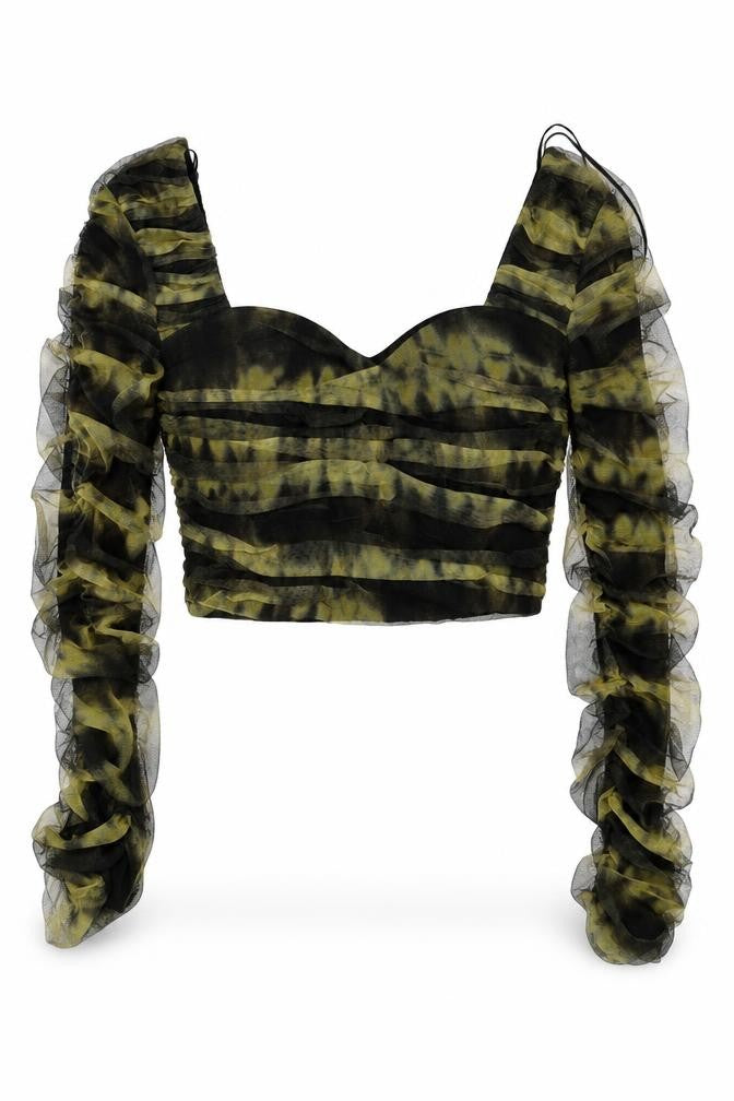 Front view of Zara women’s green polyester cropped blouse, size M, square neck