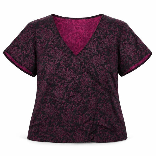 Front view of Country Casuals women’s purple geometric viscose basic blouse, size UK 16, v-neck