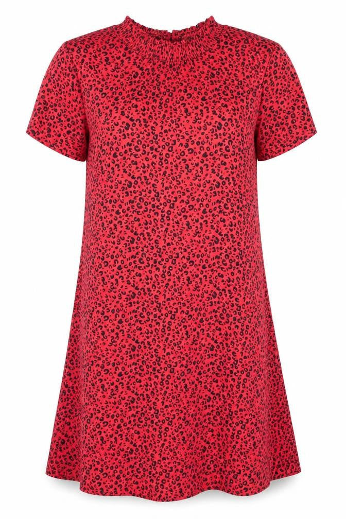 Marks and Spencer Womens Red Animal Print Viscose Shift Size 10 Round Neck Button - Leopard Print