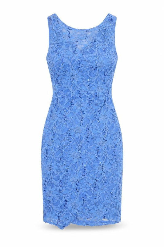 Front view of New Look women’s blue geometric nylon a-line, size UK 10, round neck pullover