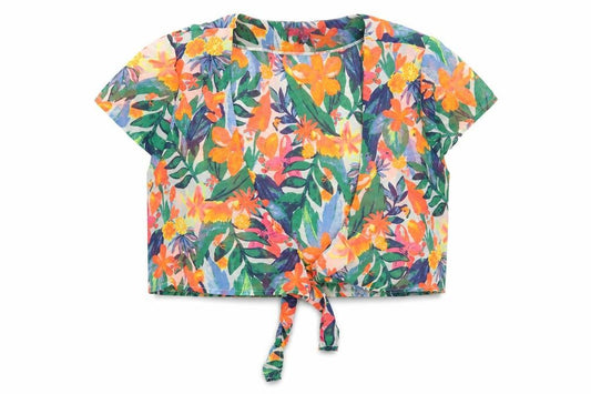 Front view of Primark women’s multicoloured floral polyester cropped blouse, size S, v-neck - tie front