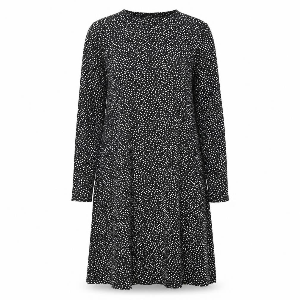 Front view of F&F women’s black polka dot polyester a-line, size UK 6, round neck pullover