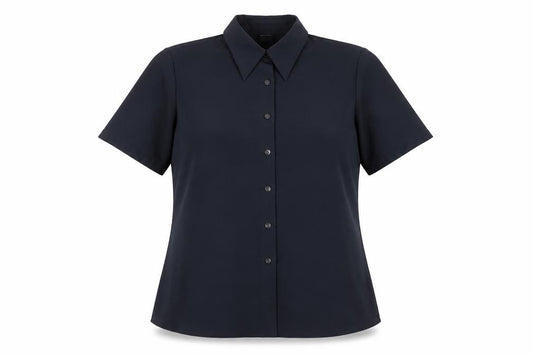 Front view of Primark women’s black polyester basic button-up, size UK 14, collared