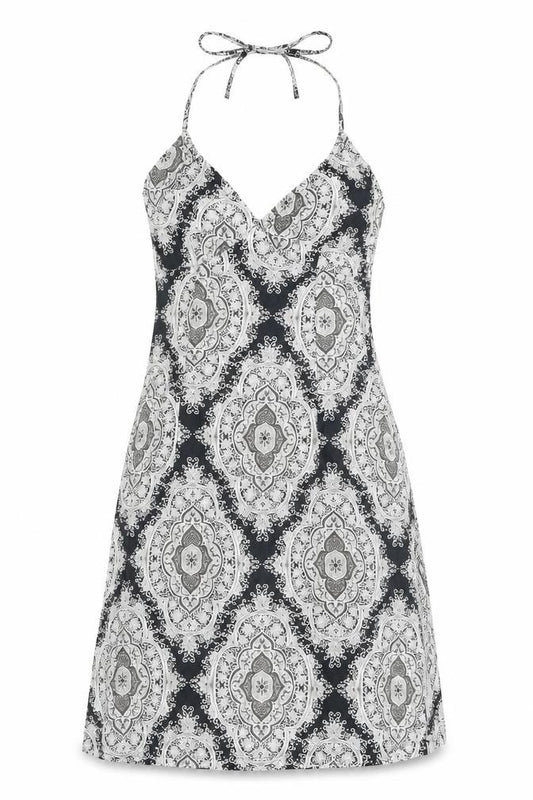 Front view of H&M women’s blue geometric cotton a-line, size UK 8, halter zip