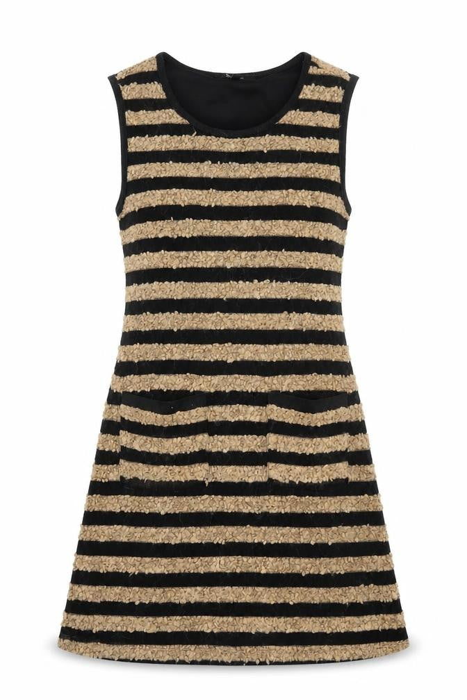 Front view of Monteau women’s brown striped polyester a-line, size S, scoop neck pullover