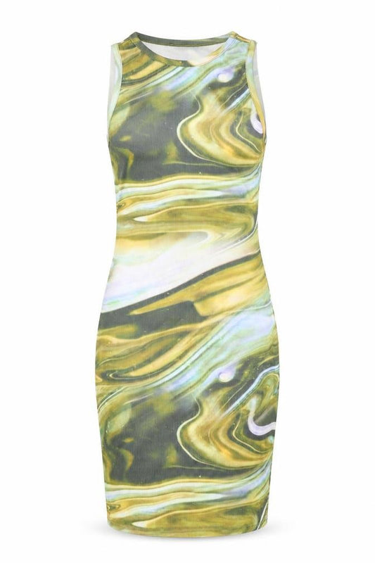 Front view of PRETTYLITTLETHING women’s multicoloured geometric polyester bodycon, size UK 8, round neck