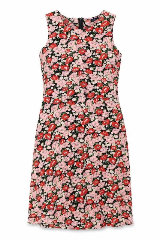 Front view of Basic Edition women’s multicoloured floral rayon a-line, size UK 6, boat neck zip