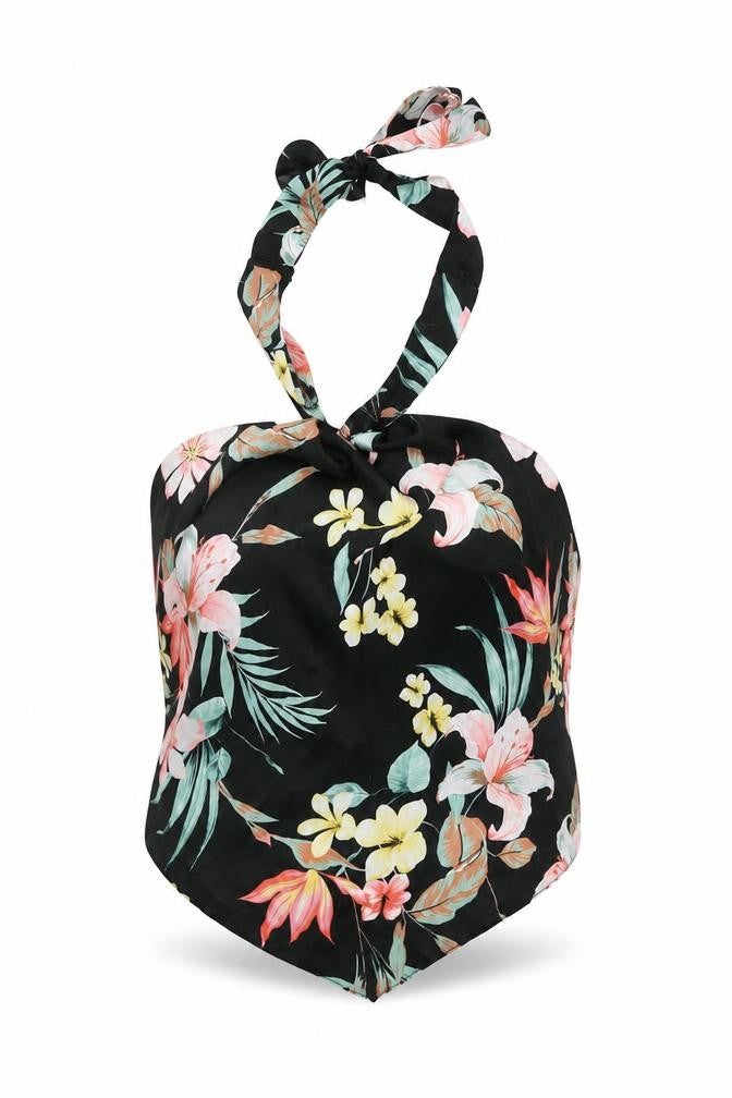 Topshop Womens Black Floral Polyester Cropped Tank Size 16 Halter