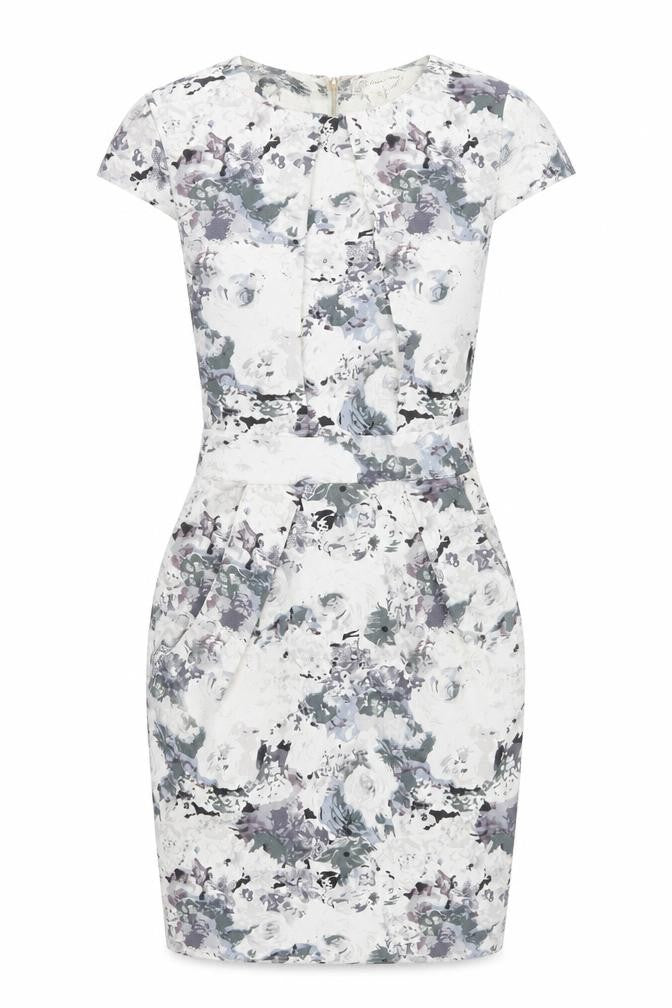 Voulez-Vous Womens White Floral Viscose Bodycon Size 8 Round Neck Zip