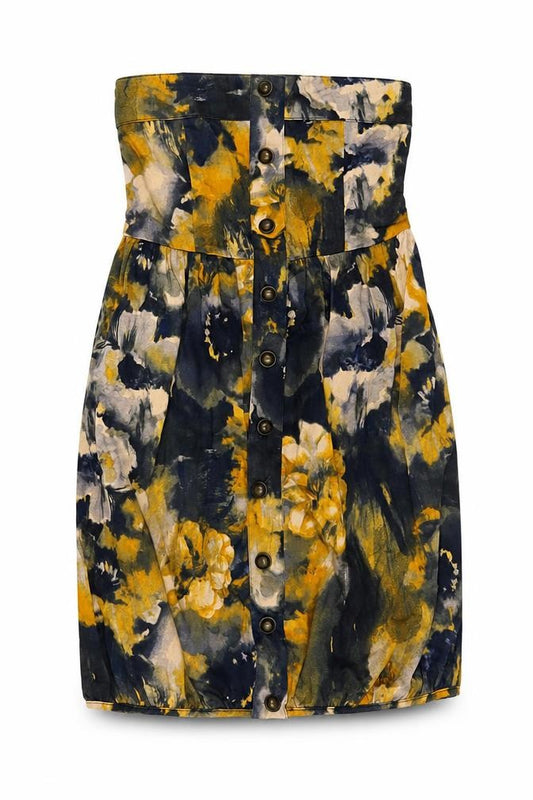 Front view of Vera Moda women’s yellow floral cotton mini, size XS, off the shoulder pullover