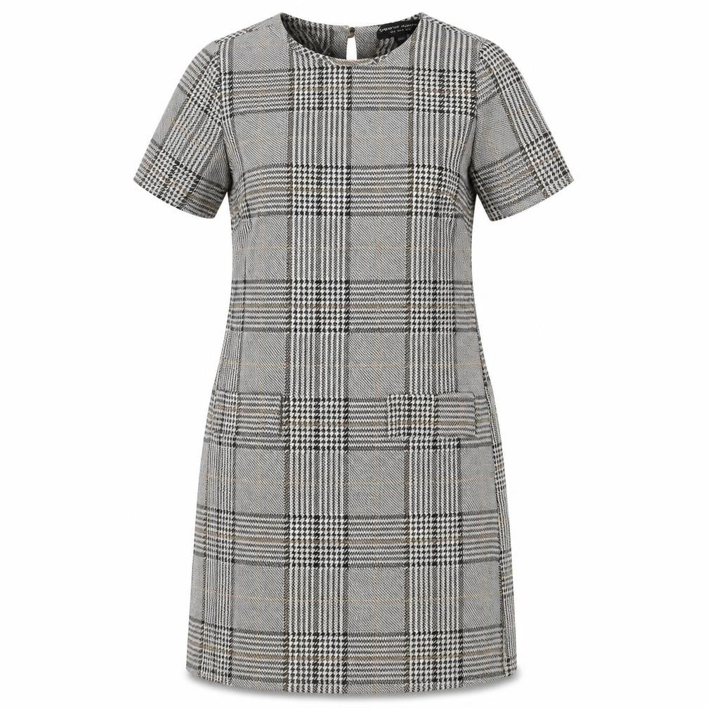 Front view of Dorothy Perkins women’s grey geometric polyester shift, size UK 10, round neck pullover