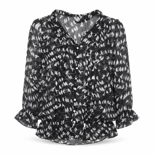 Front view of Next women’s black geometric polyester basic button-up, size UK 10, v-neck - bird pattern