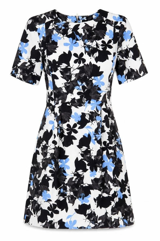 Front view of Oasis women’s black floral polyester a-line, size UK 6, boat neck zip
