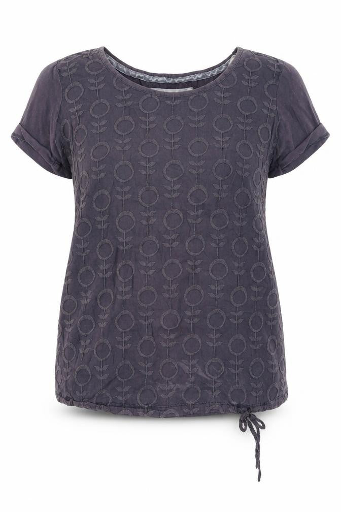Front view of Debenhams women’s blue floral polyester basic t-shirt, size UK 10, boat neck